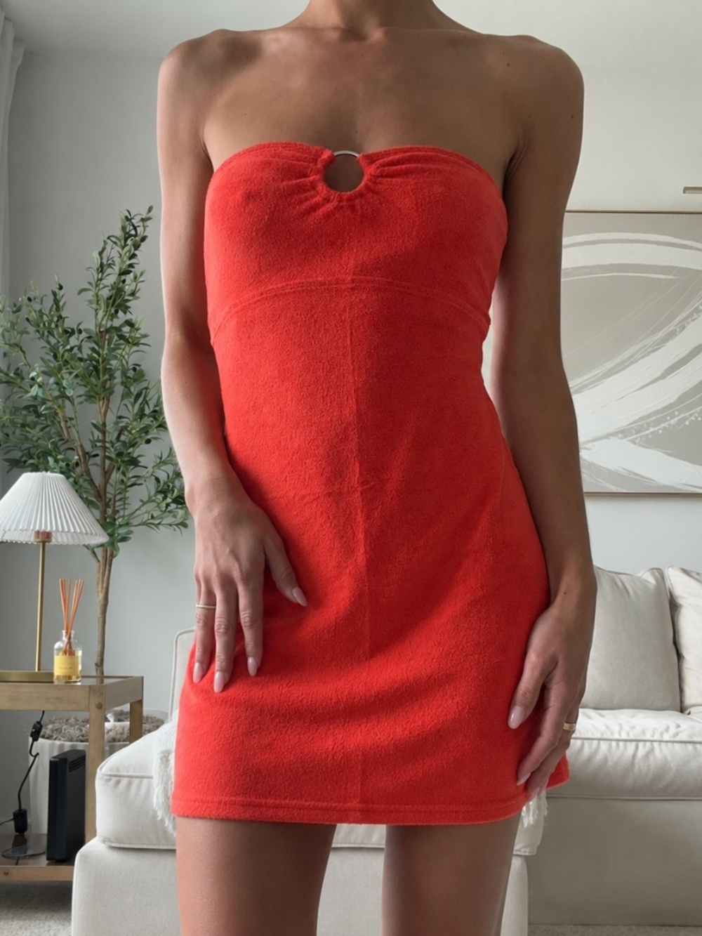 Coral Terrycloth Strapless Mini Dress Size S Silver Ring Detail Beach Cover-Up